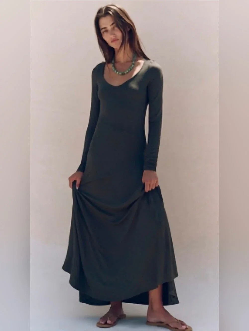 Free People Tatiana Maxi Dress Scoop Neck A-Line Long Sleeves Army Green (Olive) - Picture 1 of 8